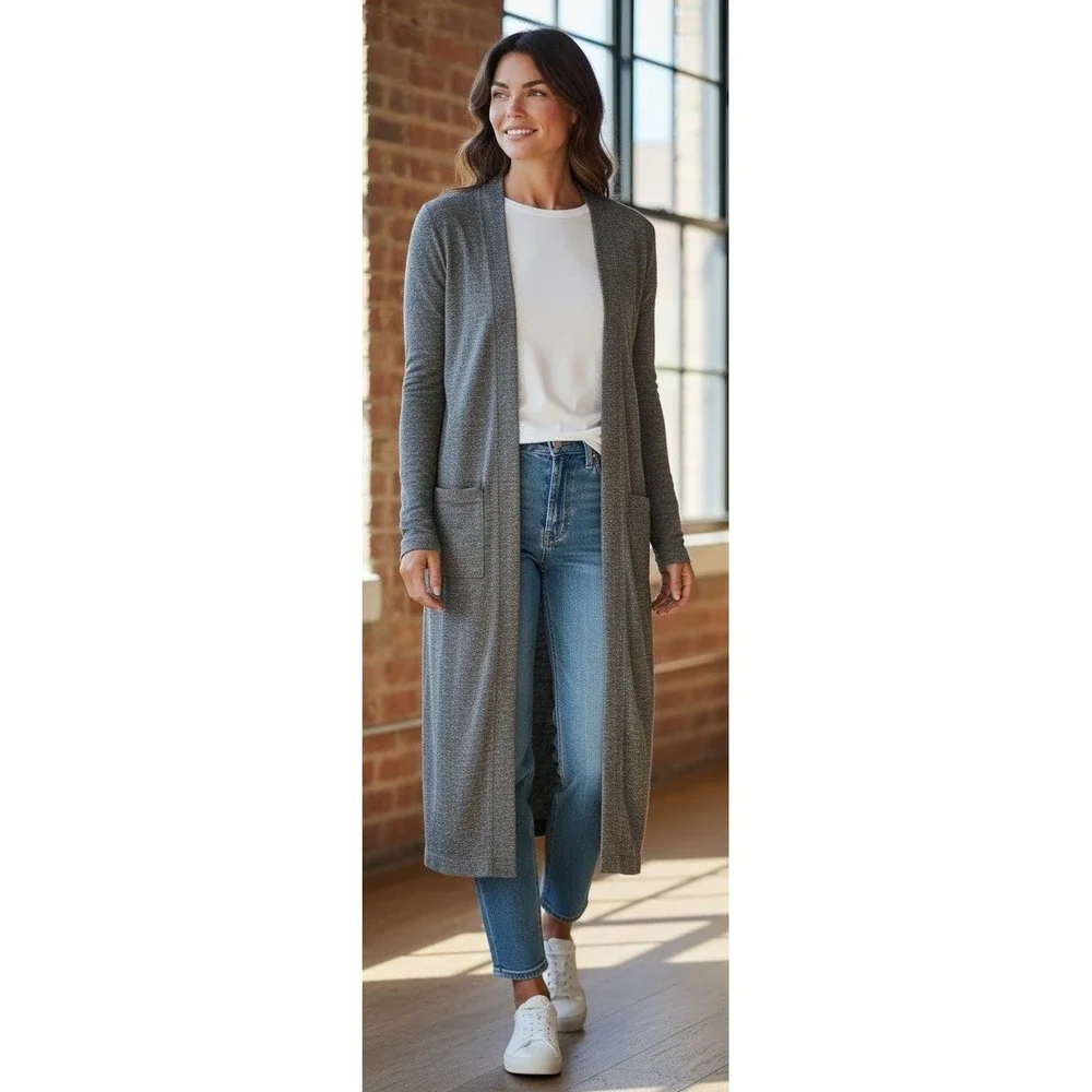 Free‎ People FP Beach Gray Marl Boho Cardigan M.M Open Front Maxi Knit Pockets